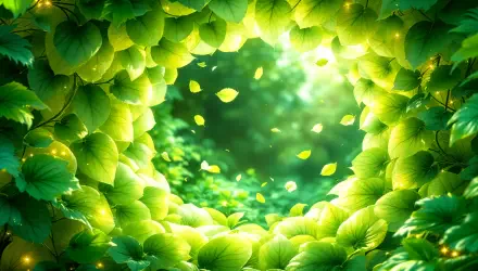 A vibrant fantasy portal framed by lush green leaves, illuminated by soft light and floating petals, creating a serene and enchanting atmosphere. 4K Ultra HD desktop wallpaper.