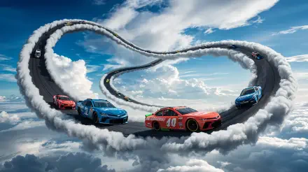 A vibrant NASCAR-themed 4K Ultra HD desktop wallpaper featuring colorful race cars navigating a twisting road amidst fluffy clouds and a beautiful blue sky.