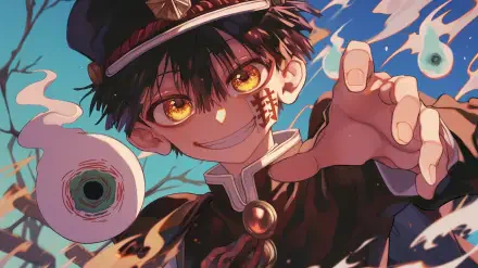 Anime-themed HD desktop wallpaper featuring Hanako-kun from Toilet-bound Hanako-kun, showcasing his vibrant character design and striking expression.