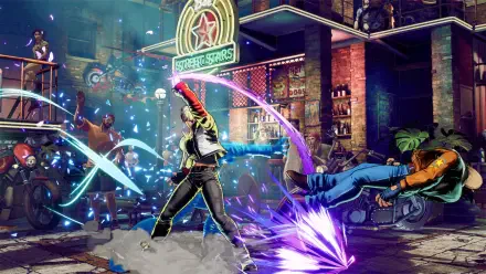HD PC desktop wallpaper featuring an intense fight scene from the video game Fatal Fury: City of the Wolves, showcasing dynamic characters in a vibrant urban setting.