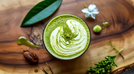 A vibrant matcha drink with intricate swirls sits atop a wooden surface, surrounded by green leaves and delicate flowers, captured in stunning 4K Ultra HD detail.
