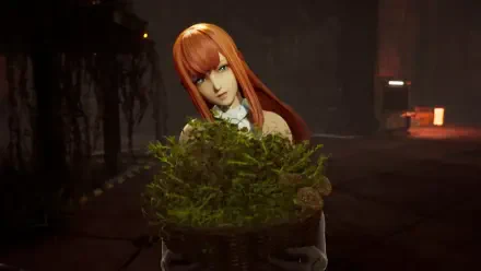 A character from the video game SYNDUALITY Echo of Ada holds a basket filled with greenery, set against a dimly lit background, showcasing a captivating HD PC desktop wallpaper.