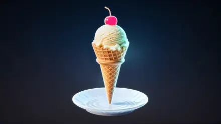 A delicious ice cream cone topped with a cherry, presented on a white plate against a dark background, captured in stunning 4K Ultra HD for a vibrant desktop wallpaper.