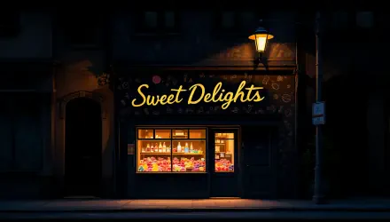 A charming candy store named Sweet Delights glows warmly at night, showcasing colorful sweets in its illuminated windows, creating a delightful atmosphere. 4K Ultra HD background.