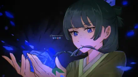 Anime-style 4K Ultra HD wallpaper featuring Maomao from The Apothecary Diaries, surrounded by glowing blue butterflies against a dark background.