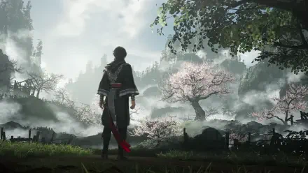 A serene scene from Dynasty Warriors: Origins, featuring a cloaked figure against a backdrop of cherry blossoms and misty mountains, creating a captivating HD desktop wallpaper.