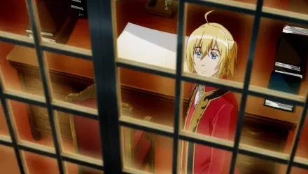 A character from the anime I Want to Escape from Princess Lessons gazes out from behind glass panels, set in a richly decorated room, serving as an HD PC desktop wallpaper.