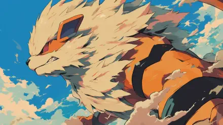 An HD desktop wallpaper featuring Arcanine from Pokémon, showcasing its powerful stance against a backdrop of vibrant clouds and blue sky.
