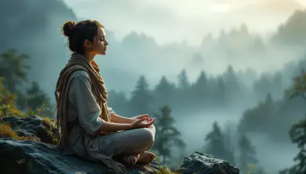 A serene image of a woman meditating on a rock amidst misty mountains, embodying mindfulness in a tranquil, nature-filled setting. 4K Ultra HD desktop wallpaper.
