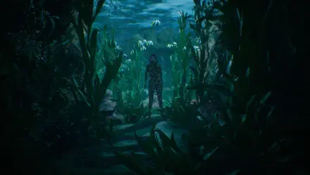 Underwater scene from the video game The Inn-Sanity, featuring a character surrounded by vibrant aquatic plants and fish, designed as an HD PC desktop wallpaper and background.