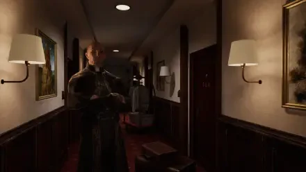 A dimly lit hotel corridor from the video game The Inn-Sanity, featuring a mysterious figure in a dark coat and vintage decor, captured in high-definition for a PC desktop wallpaper.