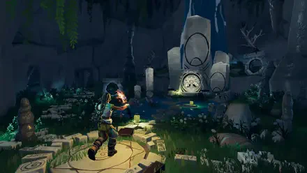 4K Ultra HD PC desktop wallpaper from the video game Aloft, featuring a character exploring an ancient, mystical ruin illuminated by soft, glowing lights.