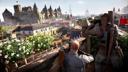 A sniper surveys a vibrant landscape filled with flowers and historical buildings in this 4K Ultra HD wallpaper from Sniper Elite: Resistance.