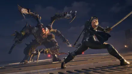 A dynamic scene from Ninja Gaiden 2 Black features a warrior preparing for battle against a monstrous foe, showcasing 4K Ultra HD detail in a dramatic setting.