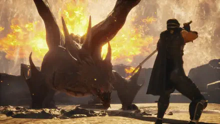 A dramatic scene from Ninja Gaiden 2 Black featuring a warrior confronting a massive dragon amidst fiery explosions, set against a stunning 4K Ultra HD backdrop.