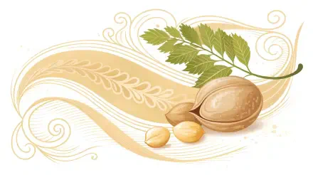 Chickpea illustration featuring a chickpea pod, chickpeas, and green leaves on a flowing, decorative background. This 4K Ultra HD desktop wallpaper adds a natural touch to your screen.