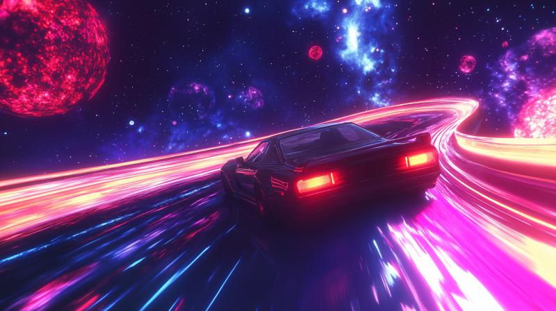 {{ A sleek race car speeds through a vibrant, cosmic landscape, leaving a trail of colorful light on a starry backdrop. This captivating image makes a striking 4K Ultra HD desktop wallpaper. 