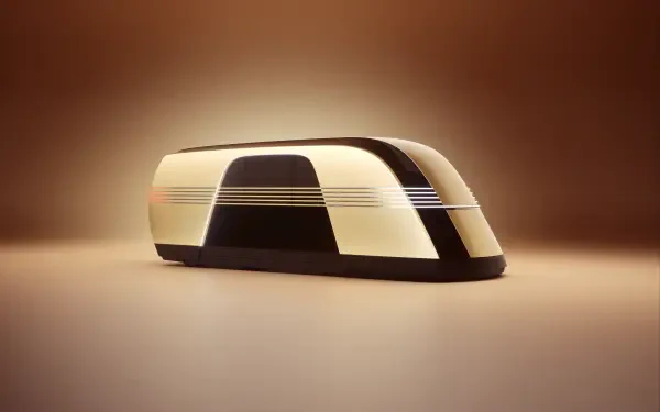 A sleek Tesla robovan design showcased in an 8K Ultra HD background, featuring smooth lines and a modern aesthetic against a warm gradient backdrop.