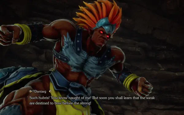 A scene from the video game Romancing SaGa 2: Revenge of the Seven, featuring a powerful character in an intense pose, accompanied by dramatic dialogue emphasizing strength and conflict.