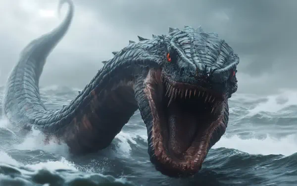 A stunning 4K Ultra HD fantasy wallpaper featuring a fearsome sea serpent emerging from tumultuous waves, showcasing intricate scales and glowing eyes.