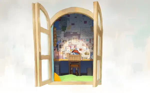 4K Ultra HD anime wallpaper featuring an open wooden door revealing a cozy room decorated with One Piece fan letters on the wall and a desk with a straw hat.