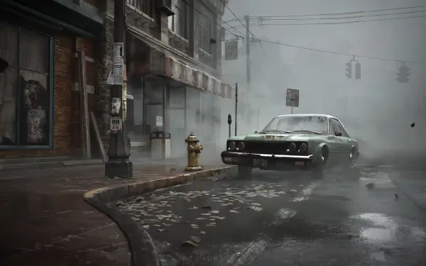 A haunting scene from Silent Hill 2, featuring a misty street with a vintage car and abandoned buildings, captured as an HD PC desktop wallpaper and background.