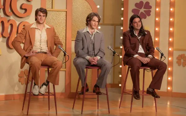 Three men seated on tall stools in a retro game show setting, dressed in stylish outfits, from the movie Woman of the Hour. This vibrant image serves as a 4K Ultra HD desktop wallpaper.
