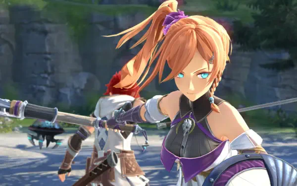 A vibrant HD PC desktop wallpaper featuring characters from the video game Ys X: Nordics, showcasing a dynamic scene with a warrior wielding a sword against a stunning backdrop.