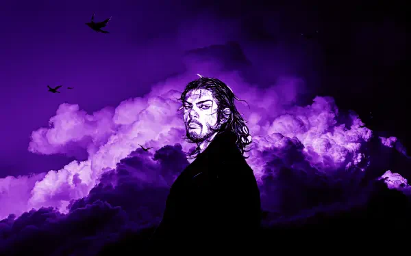 A striking HD wallpaper featuring a character from the manga Vagabond, set against a dramatic purple cloud backdrop, with birds in the distance.