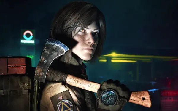 A character from the video game No More Room In Hell 2 stands with an axe, showcasing a gritty atmosphere, set against a dark, digitally rendered background.