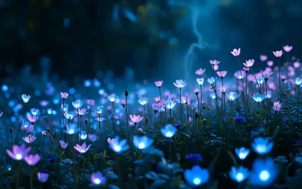 A captivating 4K Ultra HD wallpaper featuring an enchanting field of aesthetic flowers illuminated in shades of blue and pink, set against a mystical background.