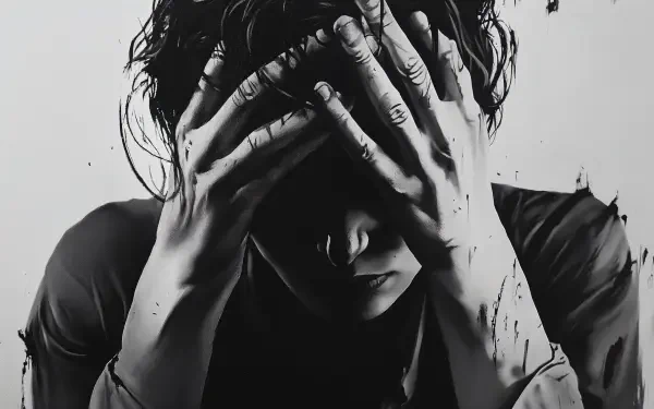 A monochromatic 4K Ultra HD image depicting a stressed-out figure, hands covering their face, conveying a sense of emotional turmoil and isolation.