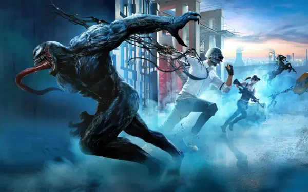 A dynamic 4K Ultra HD wallpaper featuring Venom from Venom: The Last Dance and characters from Playerunknown's Battlegrounds, set against a dramatic urban backdrop.