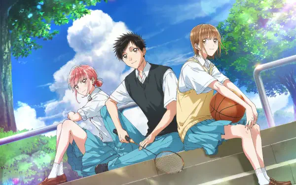 HD anime desktop wallpaper featuring Hina Chouno, Chinatsu Kano, and Taiki Inomata from Blue Box, sitting outdoors under a bright blue sky with lush greenery.