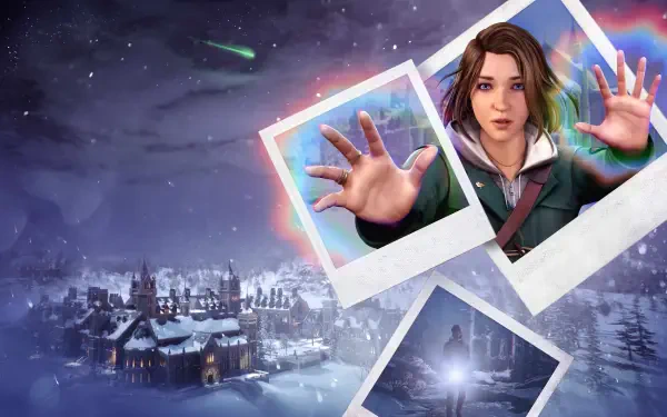 A visually striking 4K Ultra HD wallpaper from Life is Strange: Double Exposure, featuring a character with outstretched hands against a snowy backdrop and floating images.