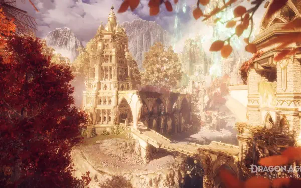 A stunning 4K Ultra HD wallpaper from the video game Dragon Age: The Veilguard, featuring a beautifully detailed landscape with majestic architecture and vibrant autumn foliage.