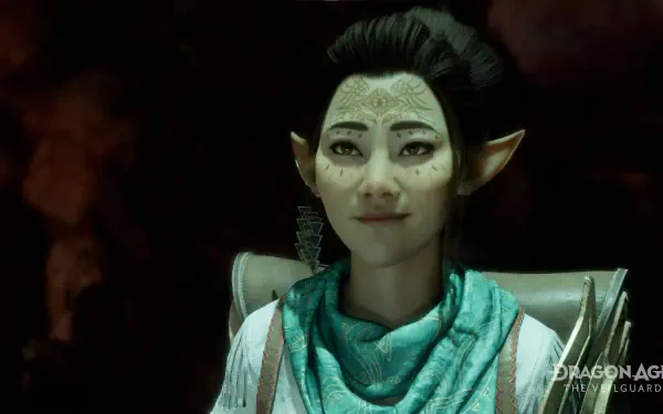 A character from the video game Dragon Age: The Veilguard smiles in this vibrant 4K Ultra HD PC desktop wallpaper, showcasing intricate details and a captivating background.