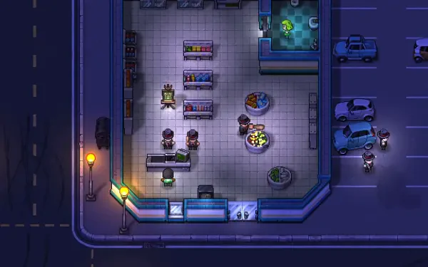 A vibrant HD wallpaper for Streets of Rogue 2, showcasing a bustling store interior with characters interacting, illuminated by streetlights in a nighttime urban setting.