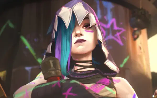 Vibrant 4K Ultra HD wallpaper featuring Jinx from the TV show Arcane, showcasing her striking look against a colorful graffiti background.
