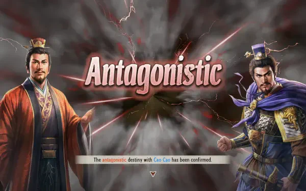 A dramatic HD PC desktop wallpaper from Romance of the Three Kingdoms 8 (Remake), featuring two characters with the word Antagonistic emphasized against a stormy backdrop.