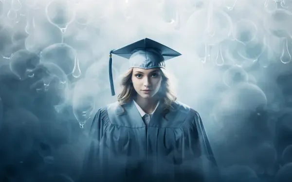 A young woman in a graduation cap and gown stands confidently against a misty backdrop, captured in stunning 4K Ultra HD as a desktop wallpaper or background.