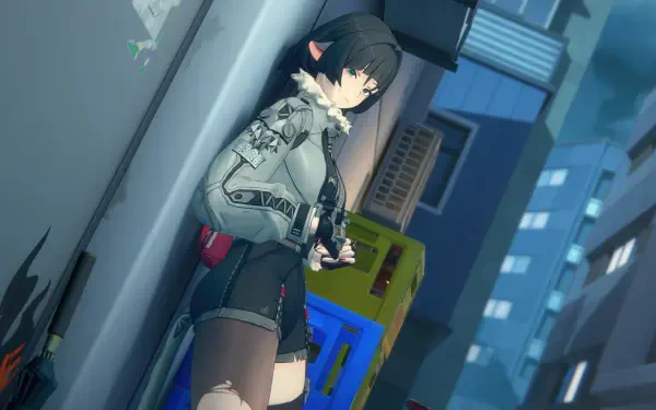 A 4K Ultra HD wallpaper featuring Jane Doe from Zenless Zone Zero, leaning against a wall in a vibrant, futuristic cityscape, exuding a cool and determined vibe.