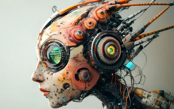 A detailed robotic organism with vibrant circuitry and intricate designs, showcased in a striking profile view, serving as a captivating 4K Ultra HD desktop wallpaper.