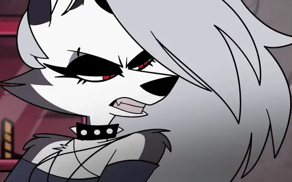 HD desktop wallpaper featuring Loona from the TV show Helluva Boss with a fierce expression against a dark, urban background.