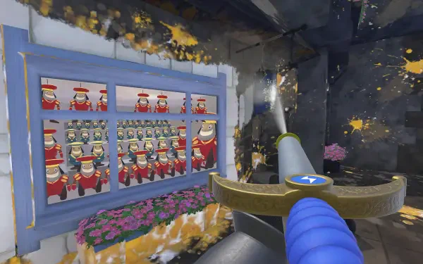 A dynamic HD wallpaper featuring gameplay from PowerWash Simulator's Shrek Special Pack, showcasing a character cleaning a colorful scene with whimsical elements and vibrant graphics.