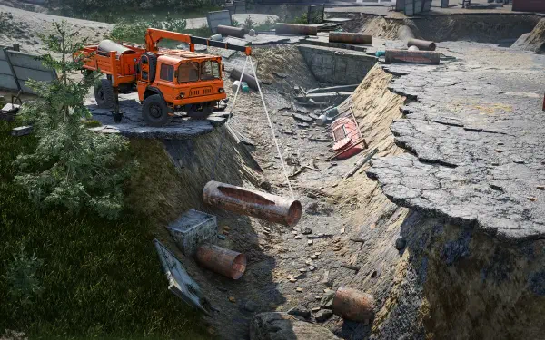 High-definition wallpaper showcasing a scene from the video game RoadCraft, featuring an orange vehicle navigating a rugged terrain with debris and a damaged road.