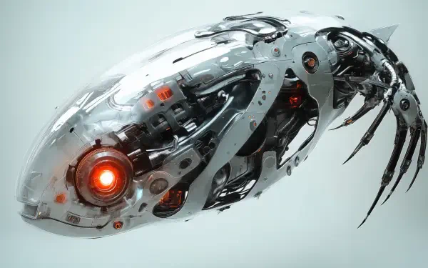 A futuristic robotic organism with a sleek, metallic design and glowing red eye, set against a clean background. Perfect for a sci-fi themed 4K Ultra HD desktop wallpaper.