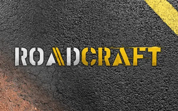 Logo for the video game RoadCraft displayed on an asphalt background, featuring a blend of bold colors and textures, designed as a 4K Ultra HD desktop wallpaper.