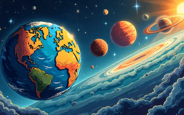 Vibrant digital illustration of the Solar System featuring Earth, colorful planets, and swirling cosmic clouds, designed as a 4K Ultra HD desktop wallpaper.