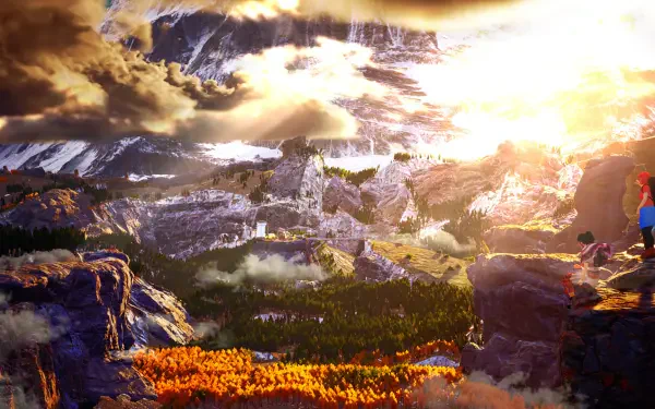 A stunning HD desktop wallpaper featuring a vibrant landscape from the video game Albatroz, showcasing majestic mountains, lush forests, and a dramatic sunset sky.
